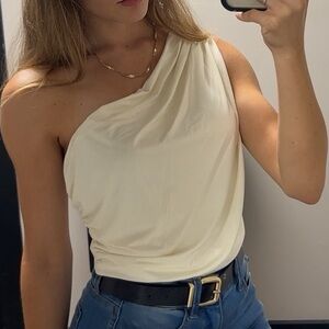 Cream One Shoulder Silk Blouse